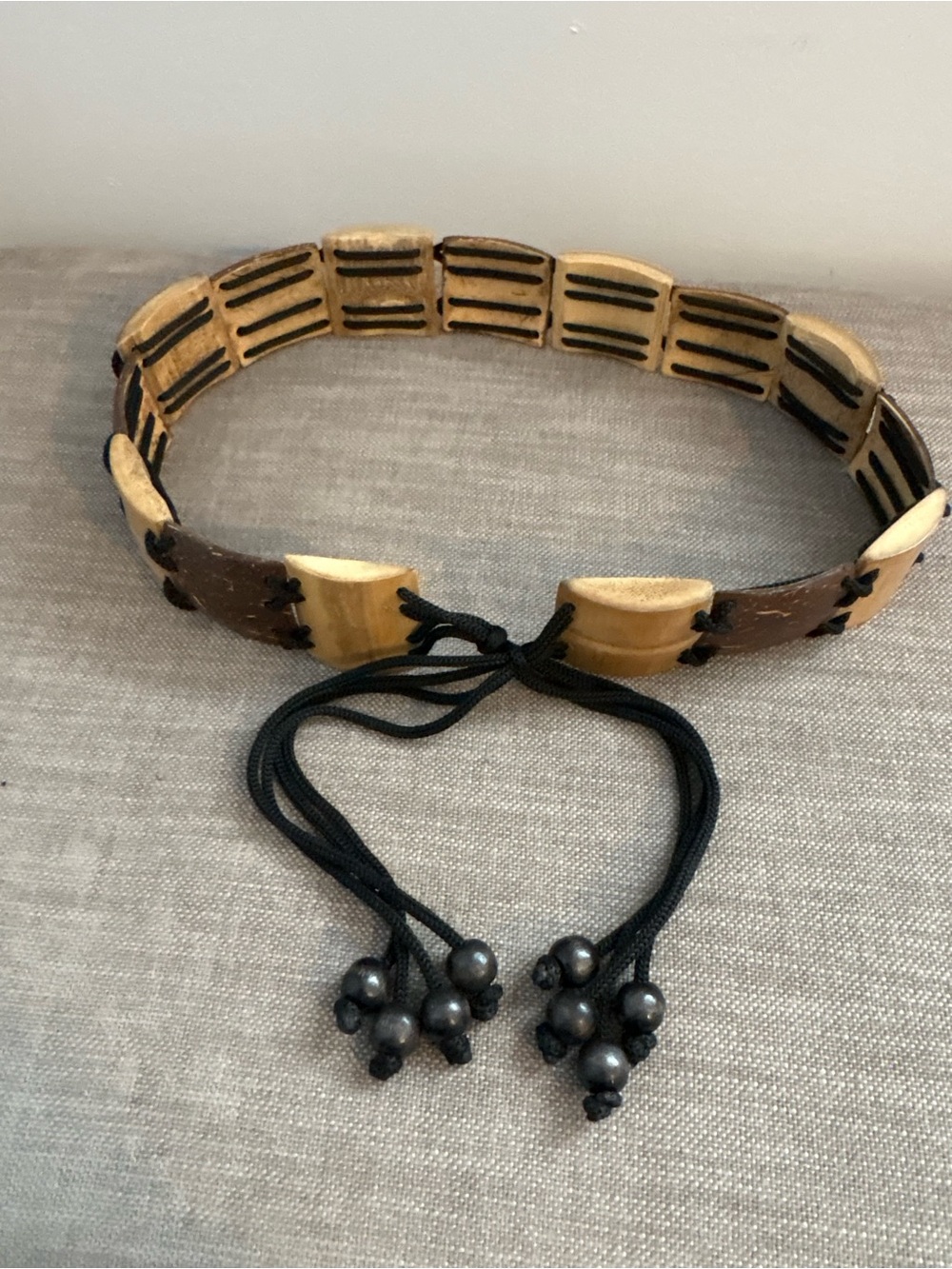 Boho Chic Natural Coconut Shell Tile Beaded Tie Waist Belt With Wood Accents
